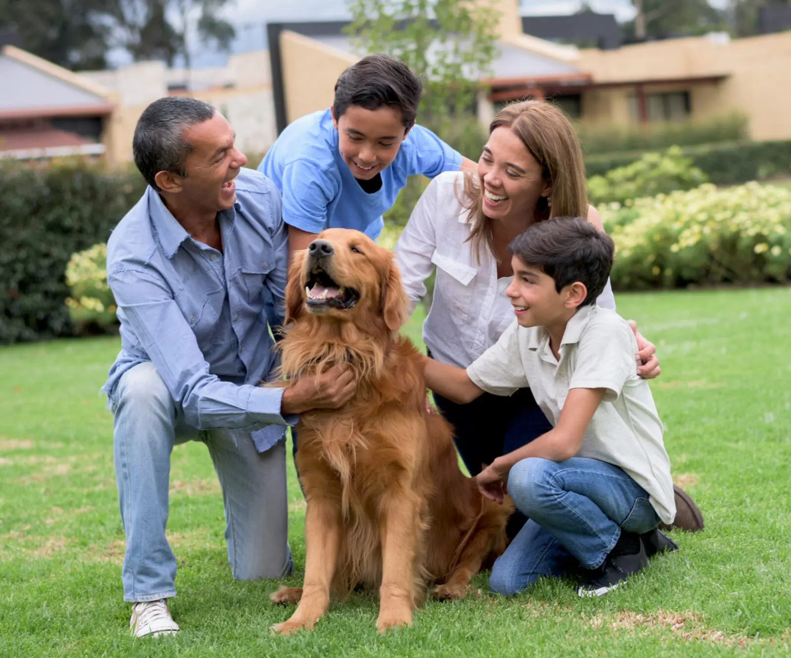 Family enjoying time with their golden retriever.