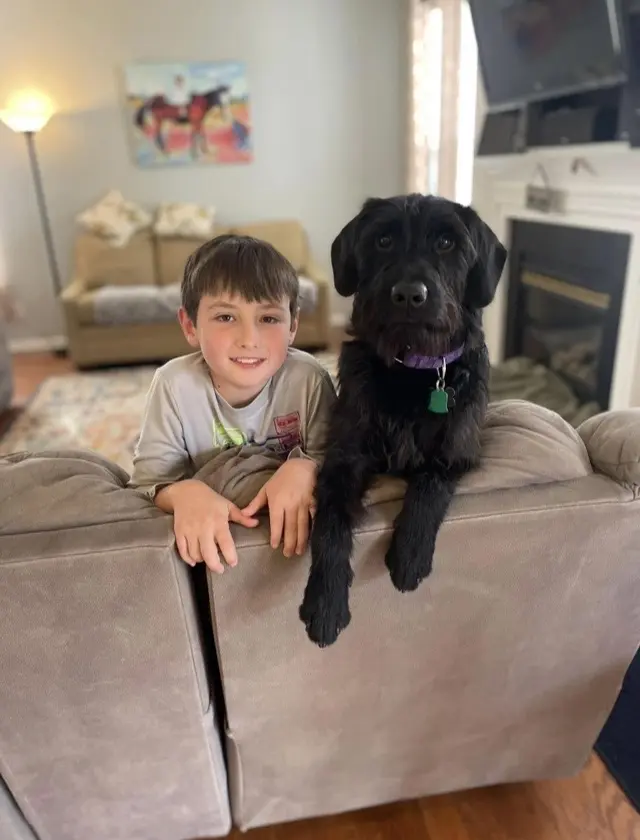 Boy and black dog on a couch.