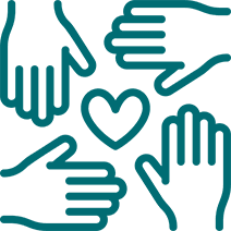 Teal hands surrounding heart icon