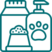 Pet shampoo bottle, food bowl, and container