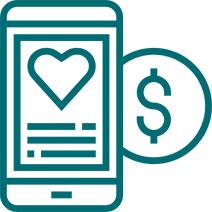 Mobile donation app icon with heart and dollar