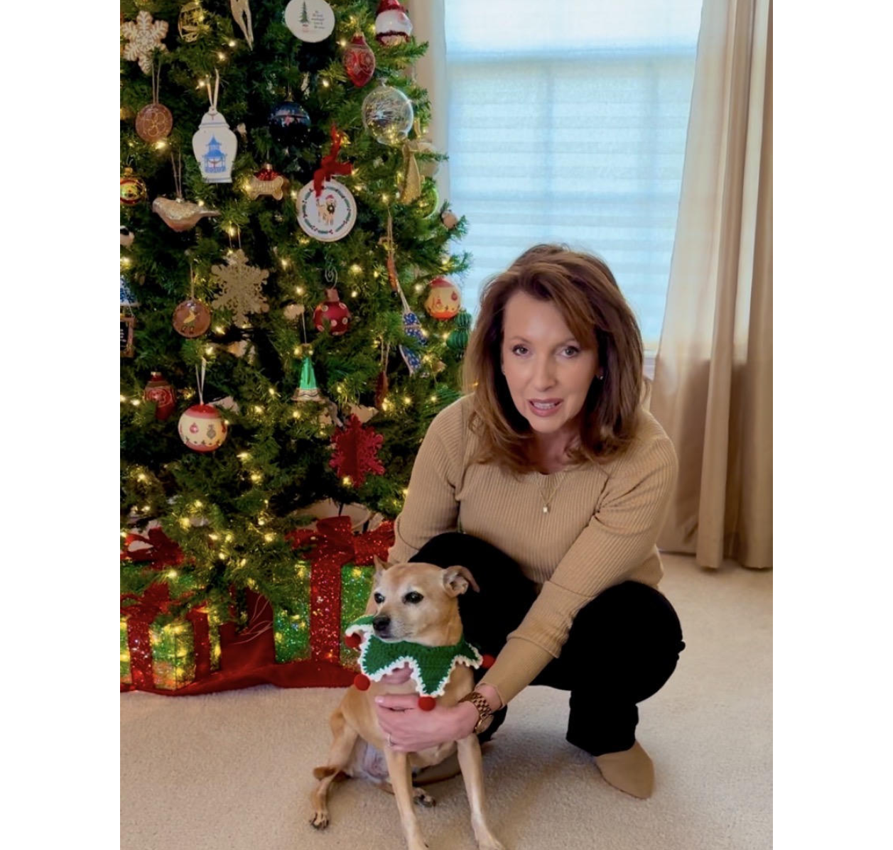 Woman kneeling with dog by Christmas tree