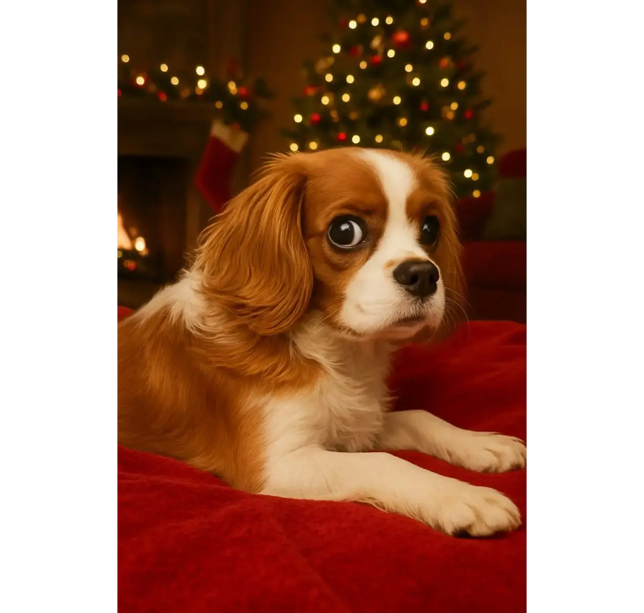 Cavalier King Charles Spaniel by Christmas tree