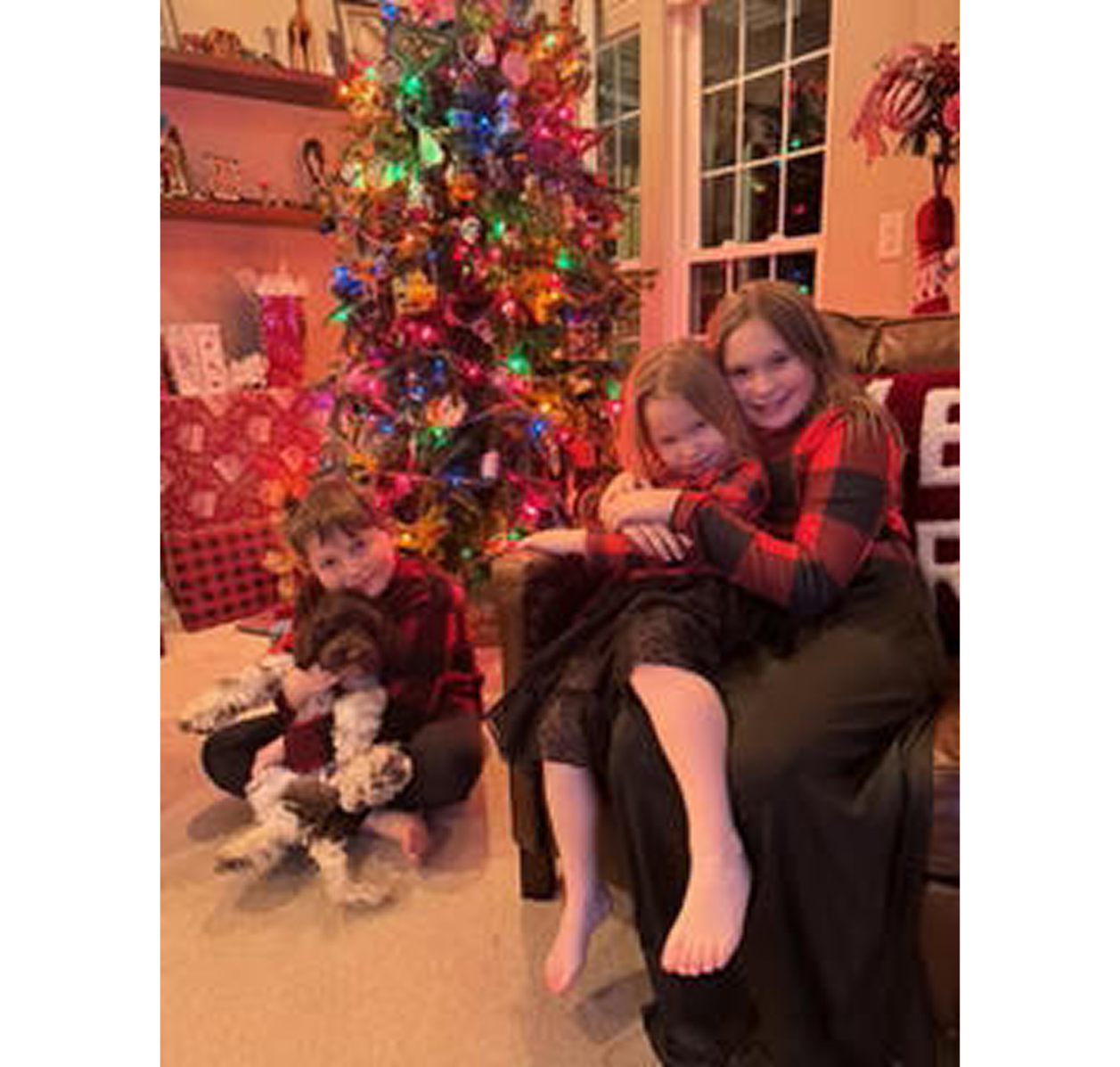 Three children by decorated Christmas tree