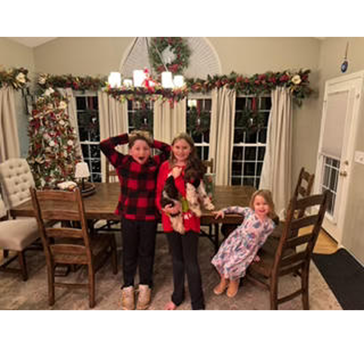 Three children posing in decorated Christmas dining room