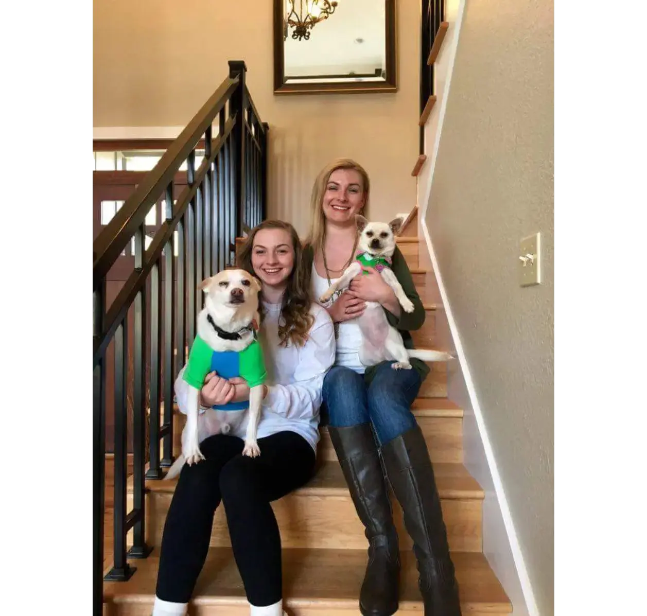 Two smiling women on stairs with dogs